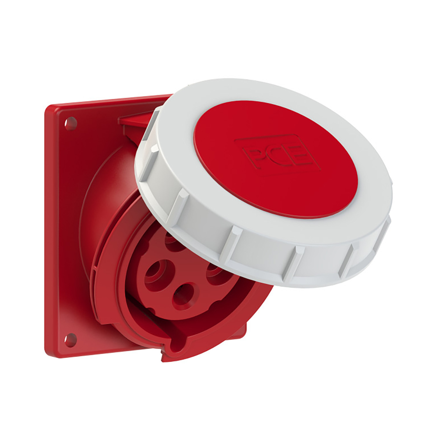 103215 CEE prise murale encastrable oblique 32A 5p 400V 6h rouge IP67 bride 92x100mm alésage 77x85mm